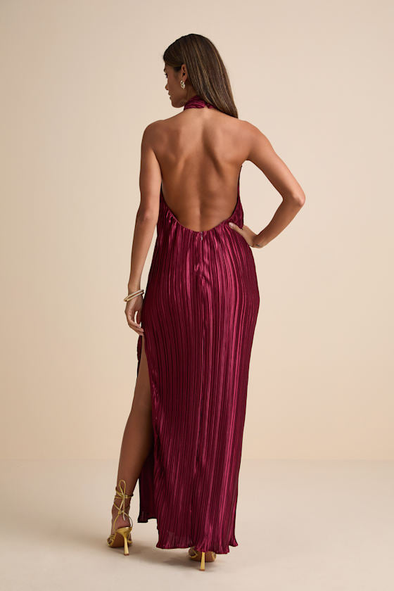 Gwenny Burgundy Satin Plisse Maxi Dress