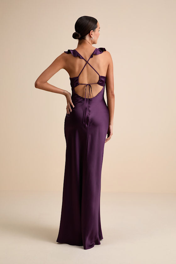 Exuberant Luxury Plum Purple Satin Ruffled Lace-Up Maxi Dress