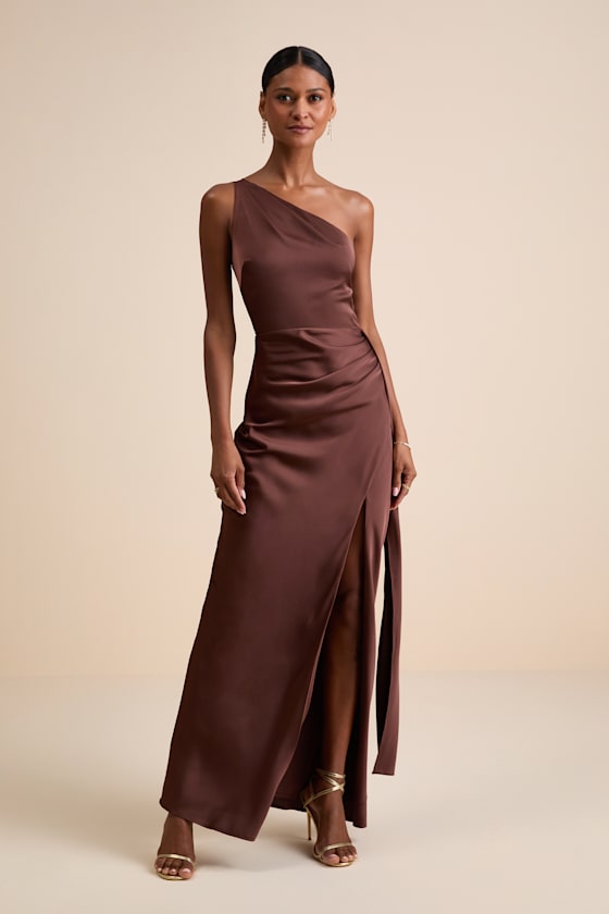 Signature Elegance Chocolate Brown Satin One-Shoulder Maxi Dress