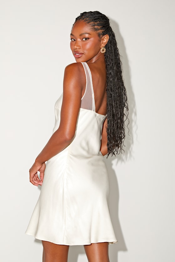 Ilhanna Ivory Satin Boat Neck Shift Mini Dress