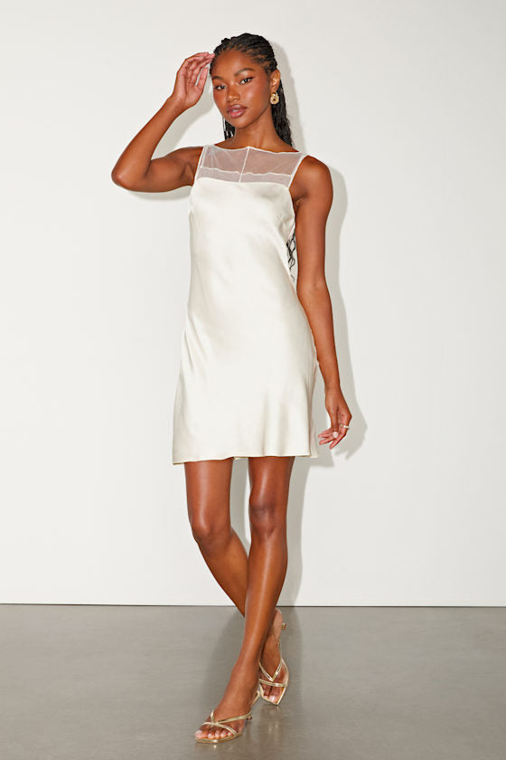 Ilhanna Ivory Satin Boat Neck Shift Mini Dress