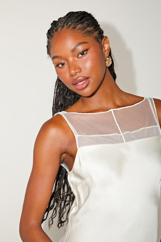 Ilhanna Ivory Satin Boat Neck Shift Mini Dress
