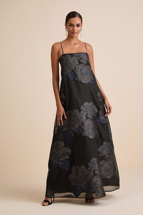 Yavanna Black Floral Jacquard Shift Maxi Dress