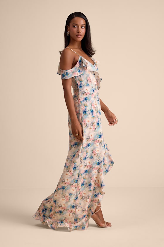 Venecia Blush Floral Ruffled Asymmetrical Maxi Dress