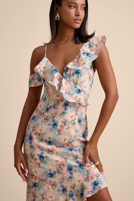 Venecia Blush Floral Ruffled Asymmetrical Maxi Dress