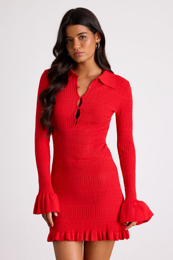 Coralee Red Textured Collared Ruffled Sweater Mini Dress