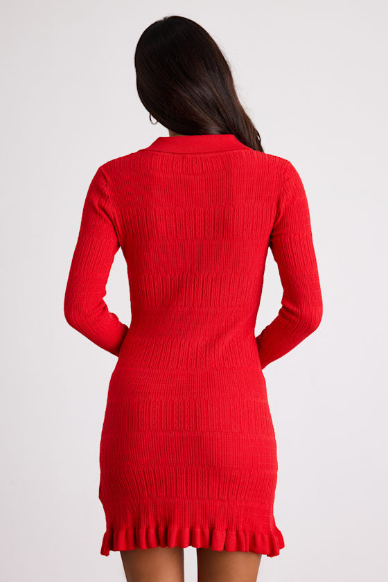 Coralee Red Textured Collared Ruffled Sweater Mini Dress