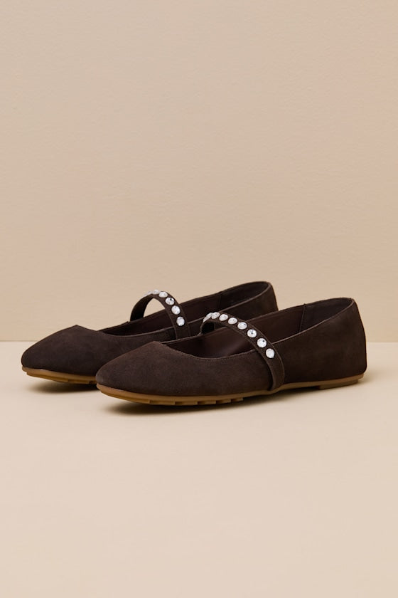 Karolin Chocolate Suede Leather Rhinestone Ballet Flats
