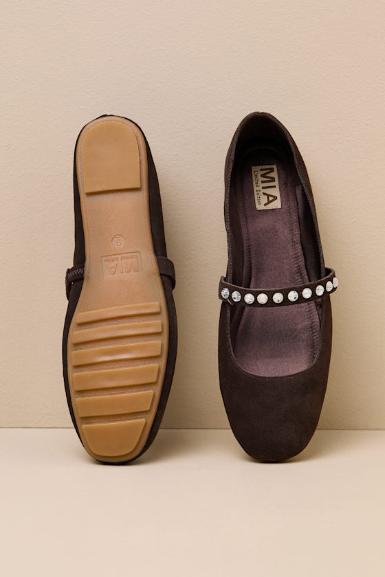 Karolin Chocolate Suede Leather Rhinestone Ballet Flats