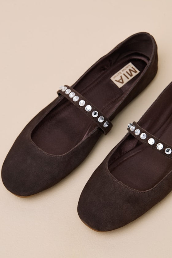 Karolin Chocolate Suede Leather Rhinestone Ballet Flats