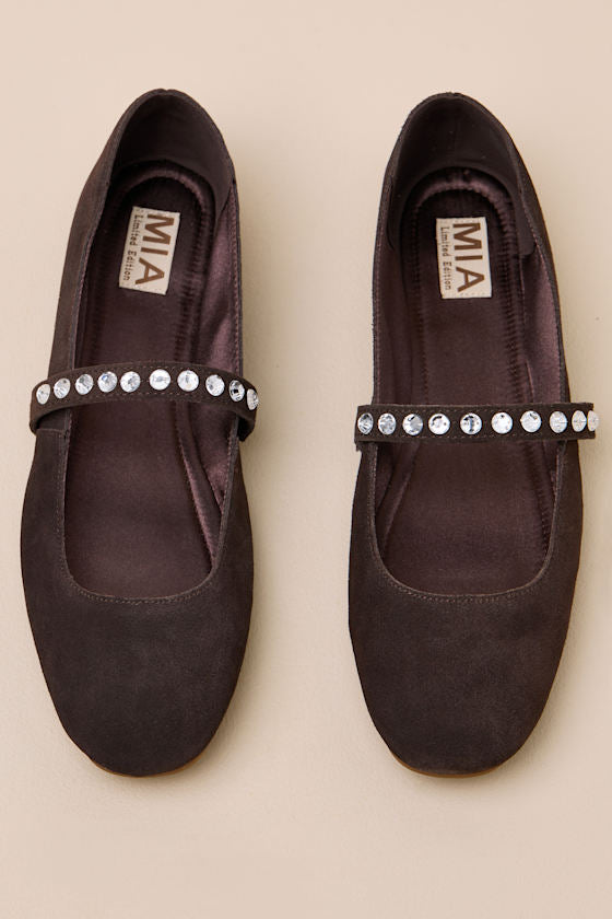 Karolin Chocolate Suede Leather Rhinestone Ballet Flats