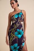 Elzina Plum Floral Satin Asymmetrical Midi Dress