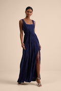 Ameena Navy Blue Plisse Square Neck Sash Maxi Dress