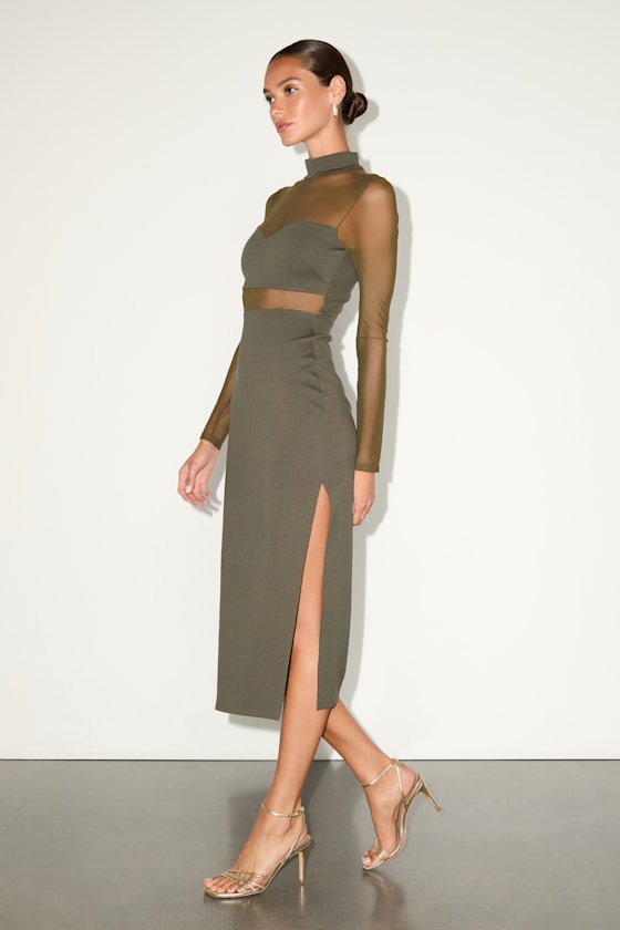 Sensational Soiree Olive Mesh Long Sleeve Bodycon Midi Dress