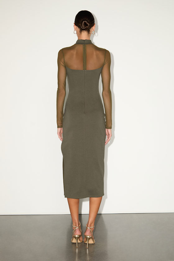 Sensational Soiree Olive Mesh Long Sleeve Bodycon Midi Dress