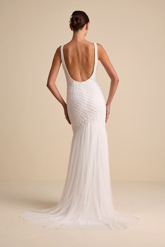 Kentworth Ivory Sequin Beaded Scoop Back Maxi Dress