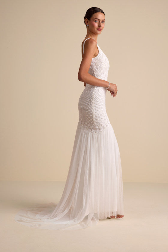 Kentworth Ivory Sequin Beaded Scoop Back Maxi Dress