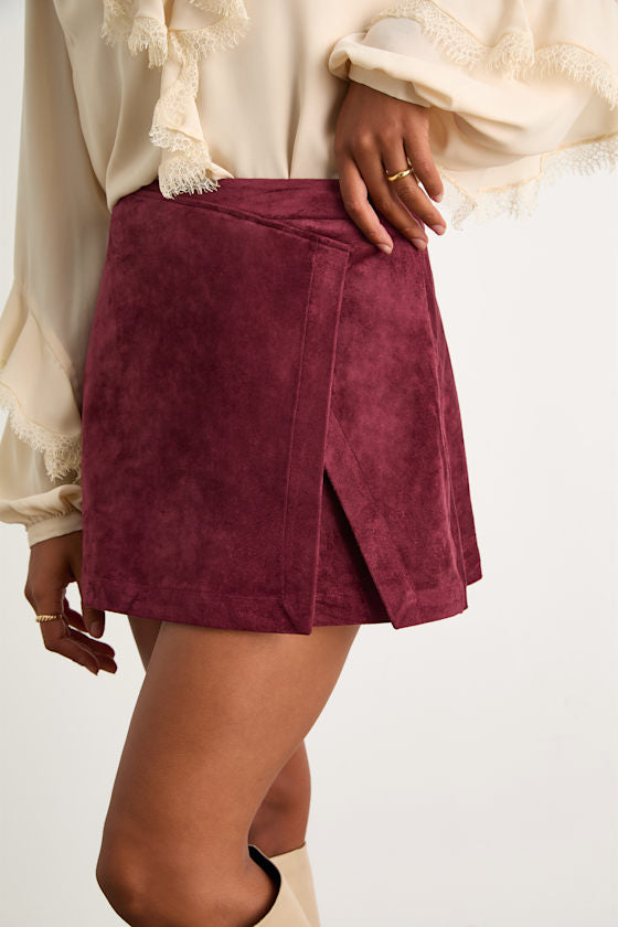 Marieanne Burgundy Suede Faux-Wrap Skort
