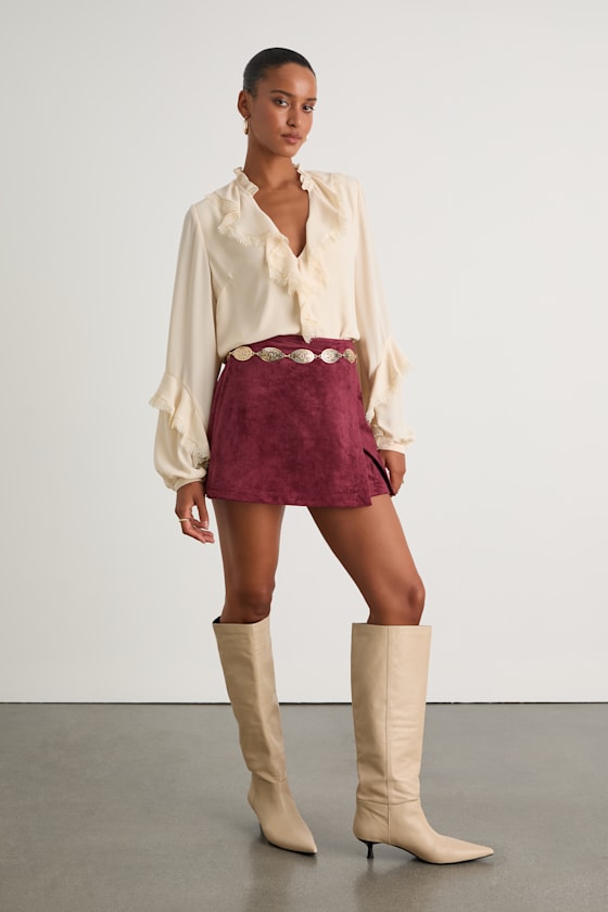Marieanne Burgundy Suede Faux-Wrap Skort