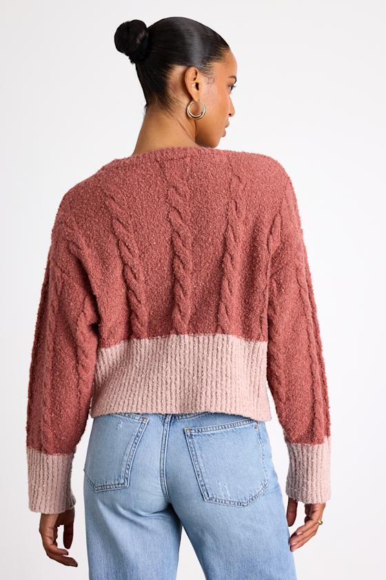 Convincingly Cozy Rusty Rose and Pink Cable Knit Boucle Cardigan