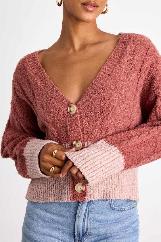 Convincingly Cozy Rusty Rose and Pink Cable Knit Boucle Cardigan
