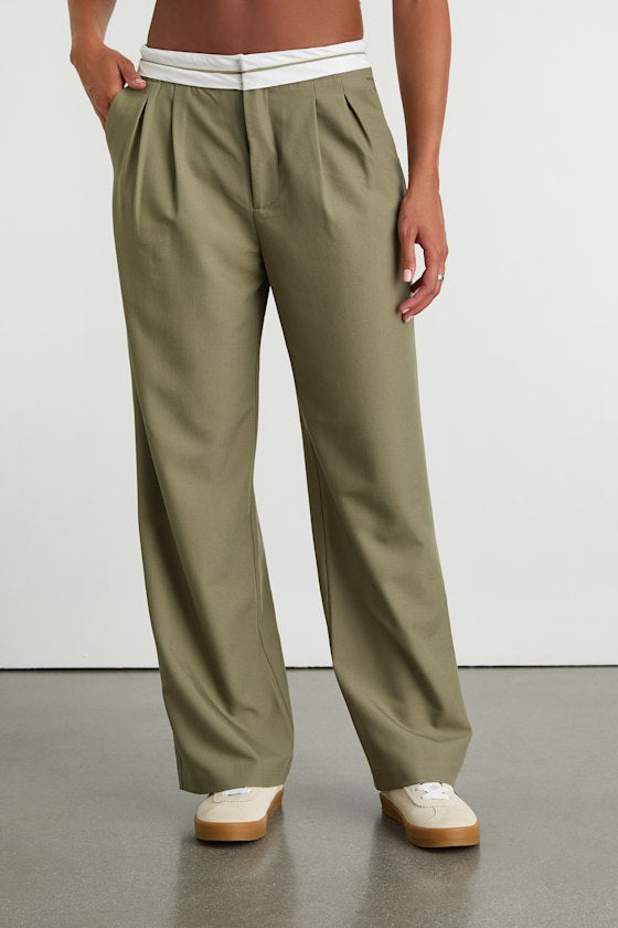 Refined Mood Olive and White Straight Leg Trouser Pants