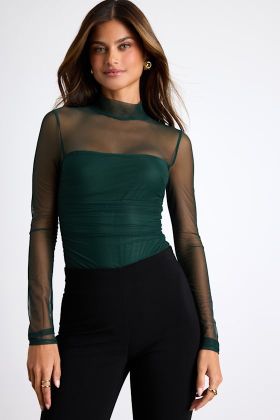 Clearly Alluring Emerald Mesh Long Sleeve Mock Neck Bodysuit