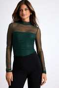 Clearly Alluring Emerald Mesh Long Sleeve Mock Neck Bodysuit