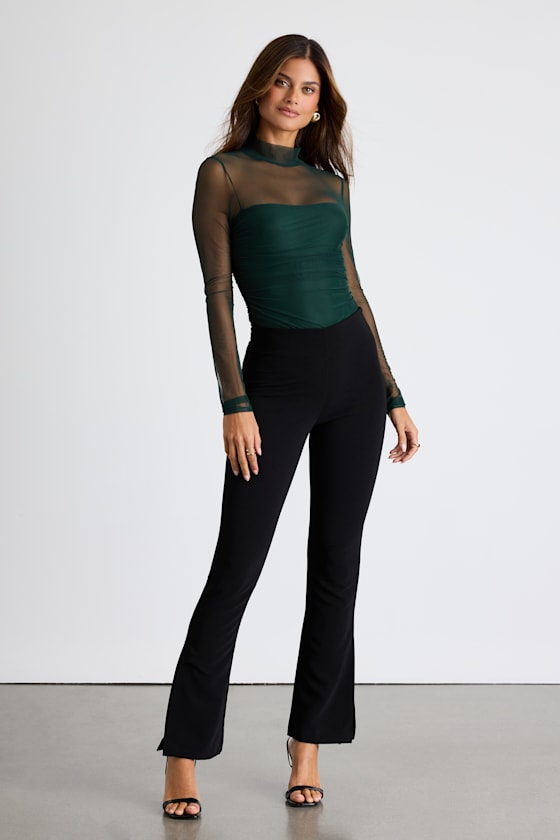 Clearly Alluring Emerald Mesh Long Sleeve Mock Neck Bodysuit