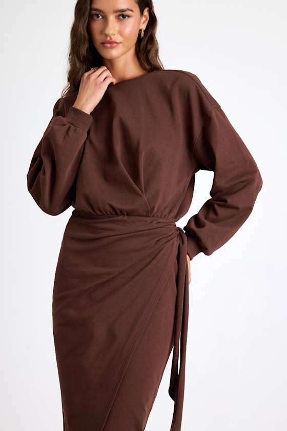 Eunia Brown Jersey Knit Long Sleeve Wrap Midi Dress