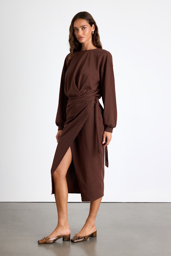 Eunia Brown Jersey Knit Long Sleeve Wrap Midi Dress