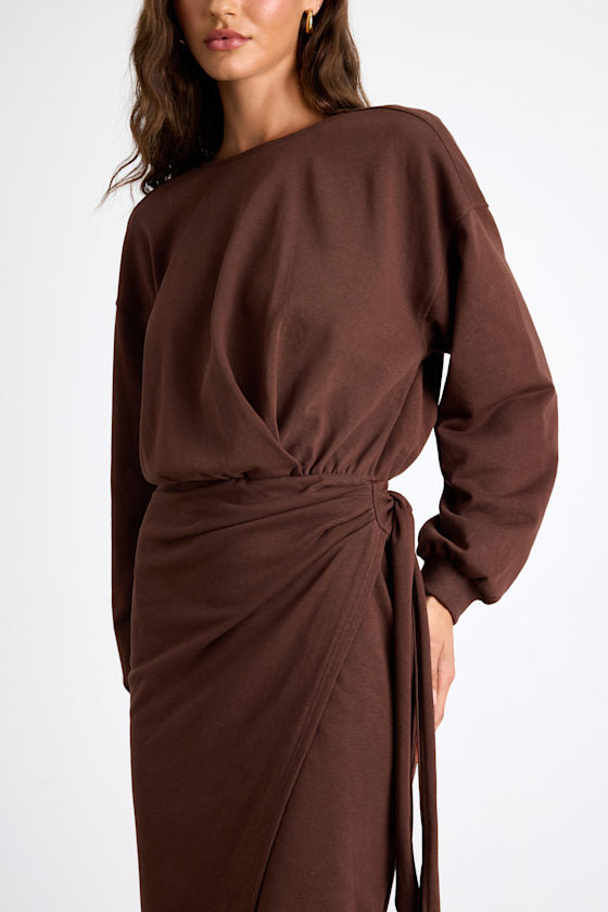 Eunia Brown Jersey Knit Long Sleeve Wrap Midi Dress