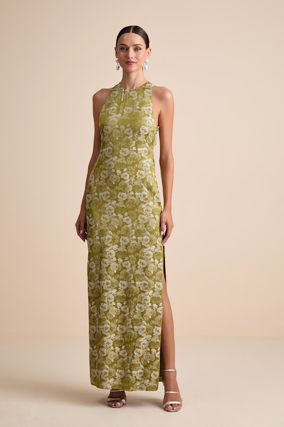 Lamila Chartreuse Floral Satin Column Maxi Dress
