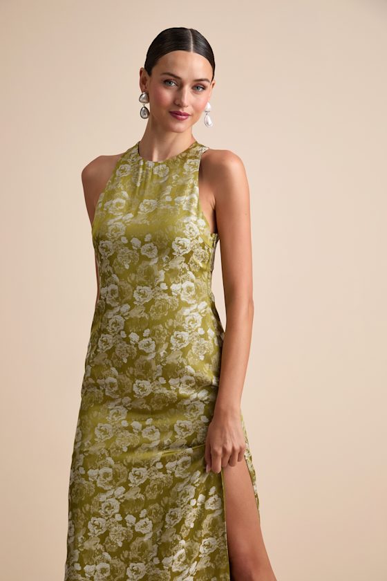 Lamila Chartreuse Floral Satin Column Maxi Dress