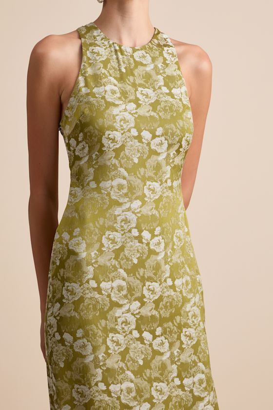 Lamila Chartreuse Floral Satin Column Maxi Dress