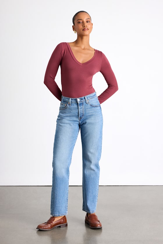Clean Look Berry Red V-Neck Long Sleeve Bodysuit