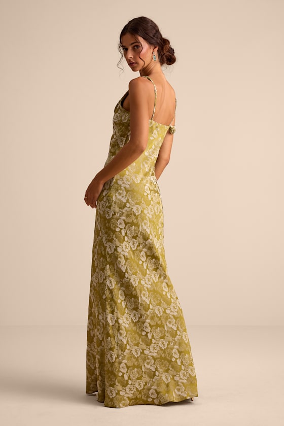 Cavani Chartreuse Floral Satin Asymmetrical Maxi Dress