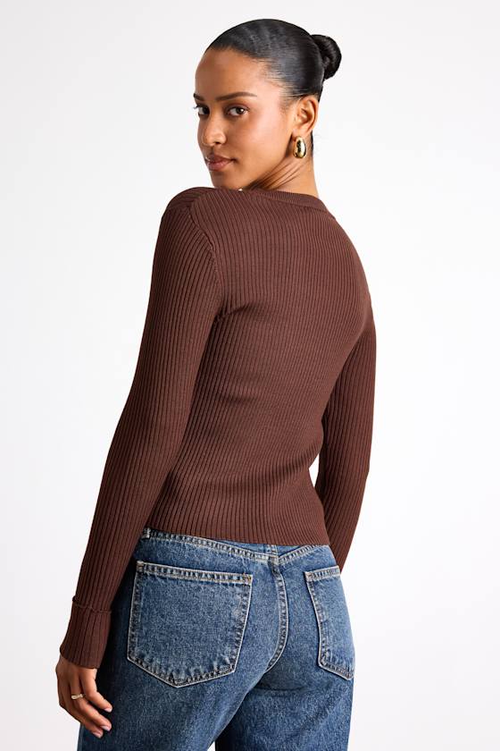 Karlee Brown Ribbed Knit Long Sleeve Sweater Top