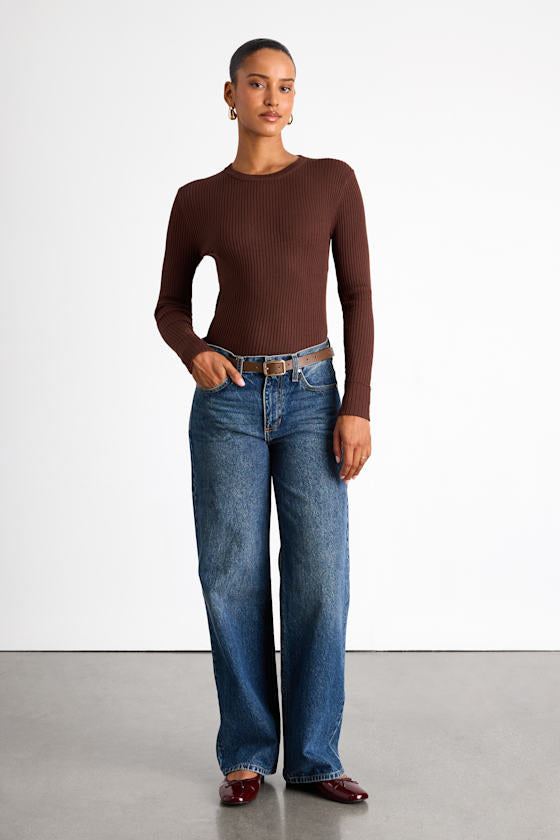 Karlee Brown Ribbed Knit Long Sleeve Sweater Top