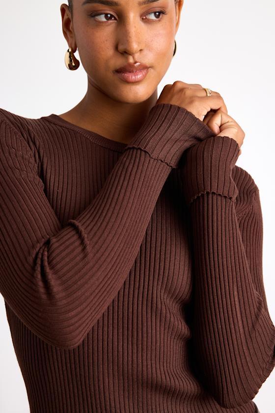 Karlee Brown Ribbed Knit Long Sleeve Sweater Top