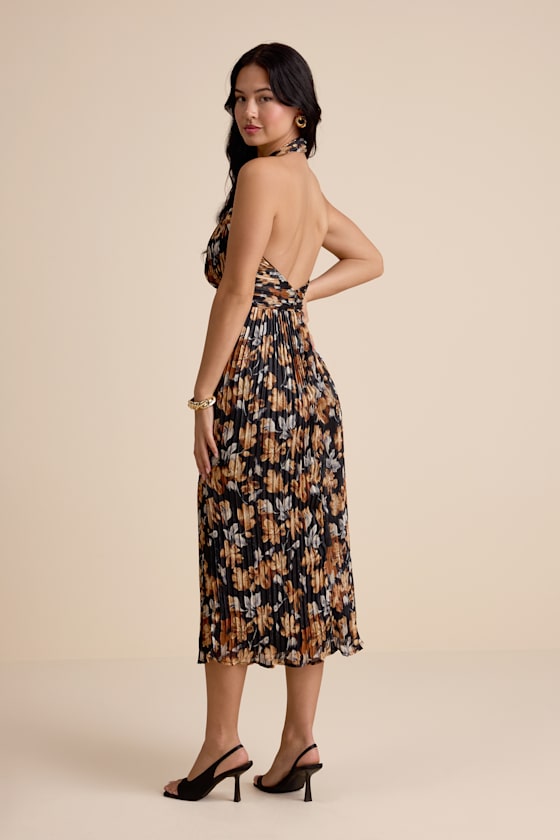 Gardena Black Floral Pleated Cross-Front Halter Midi Dress