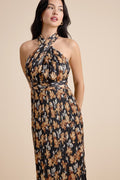 Gardena Black Floral Pleated Cross-Front Halter Midi Dress