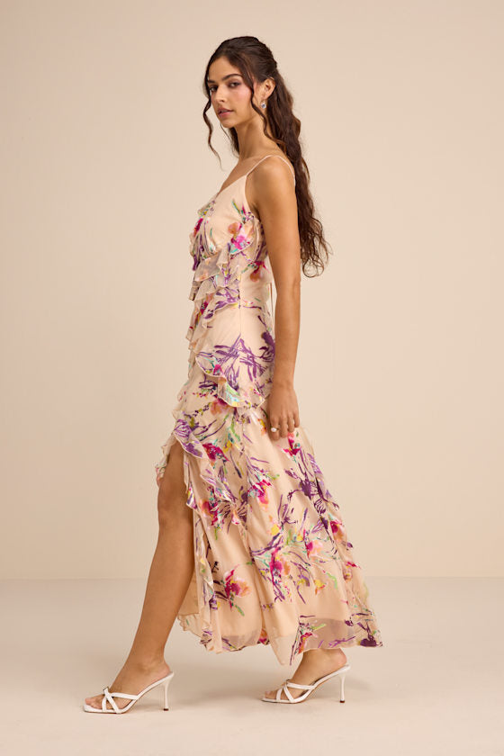 Neline Beige Multi Abstract Ruffled Maxi Dress