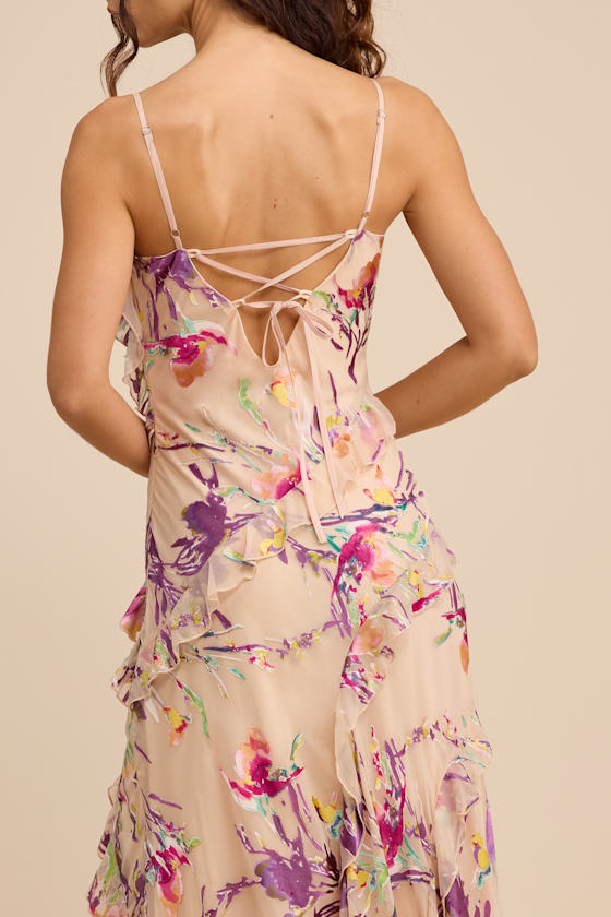 Neline Beige Multi Abstract Ruffled Maxi Dress