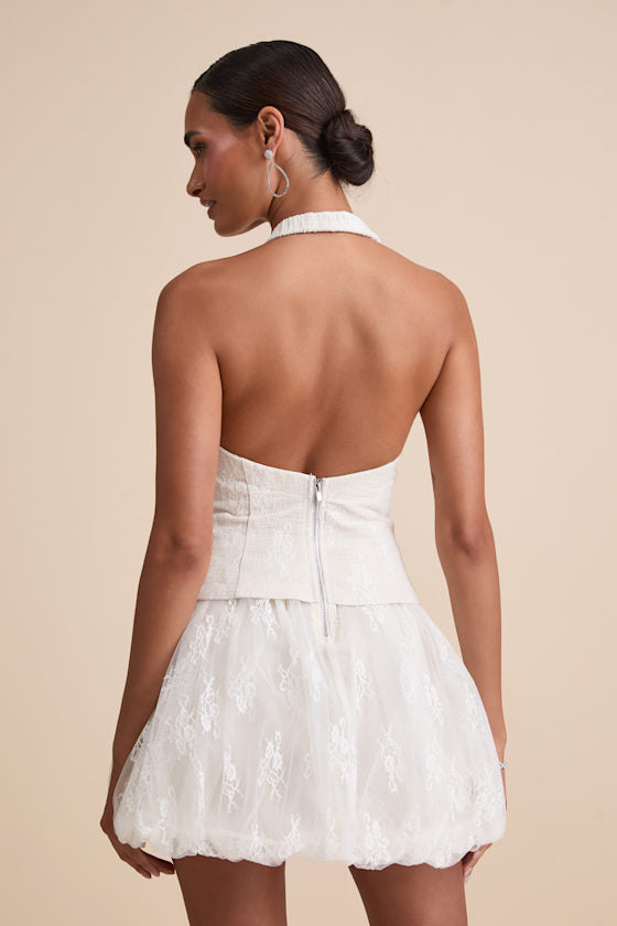 Ottoline Ivory Mixed-Media Bubble-Hem Halter Mini Dress