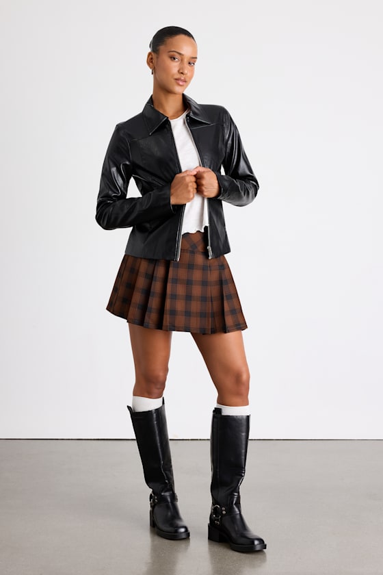 Firah Brown and Black Plaid Pleated Mid-Rise Mini Skirt