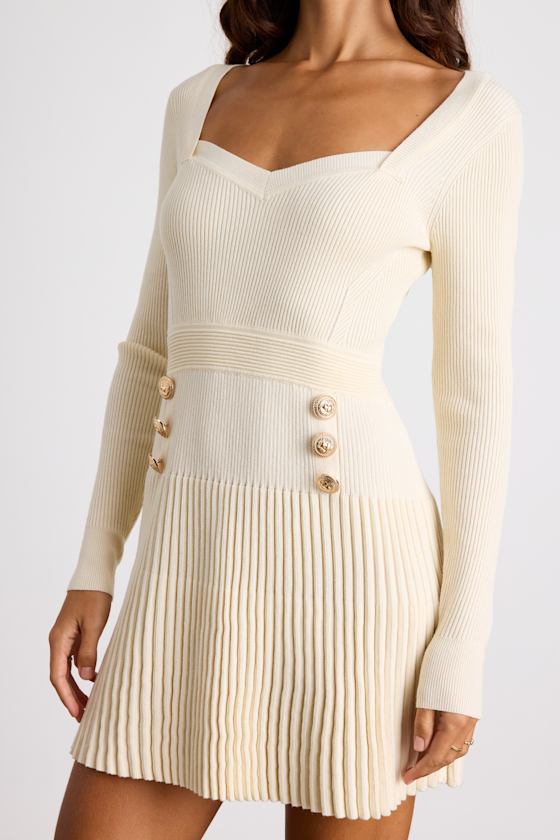 Chicest Crush Ivory Ribbed Long Sleeve Mini Sweater Dress