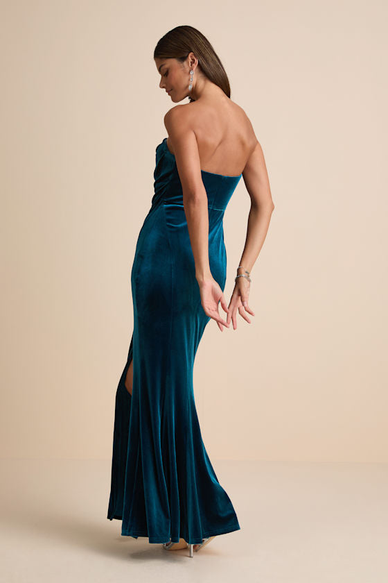 Perfectly Captivating Dark Teal Velvet Strapless Maxi Dress