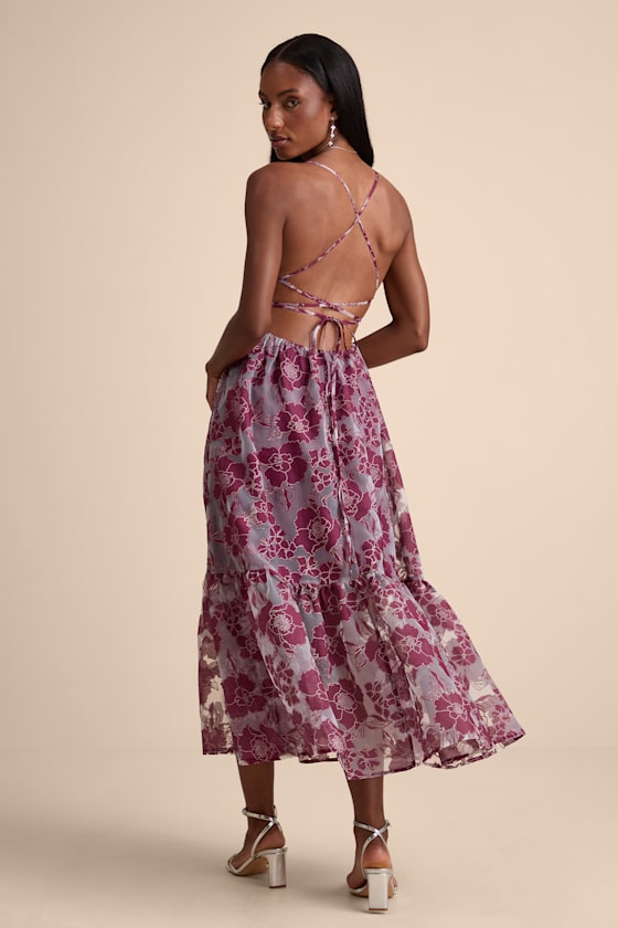 Feeling Like Forever Plum Jacquard Organza Lace-Up Midi Dress
