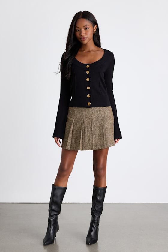 Everson Brown Multi Tweed Pleated High-Rise Mini Skirt